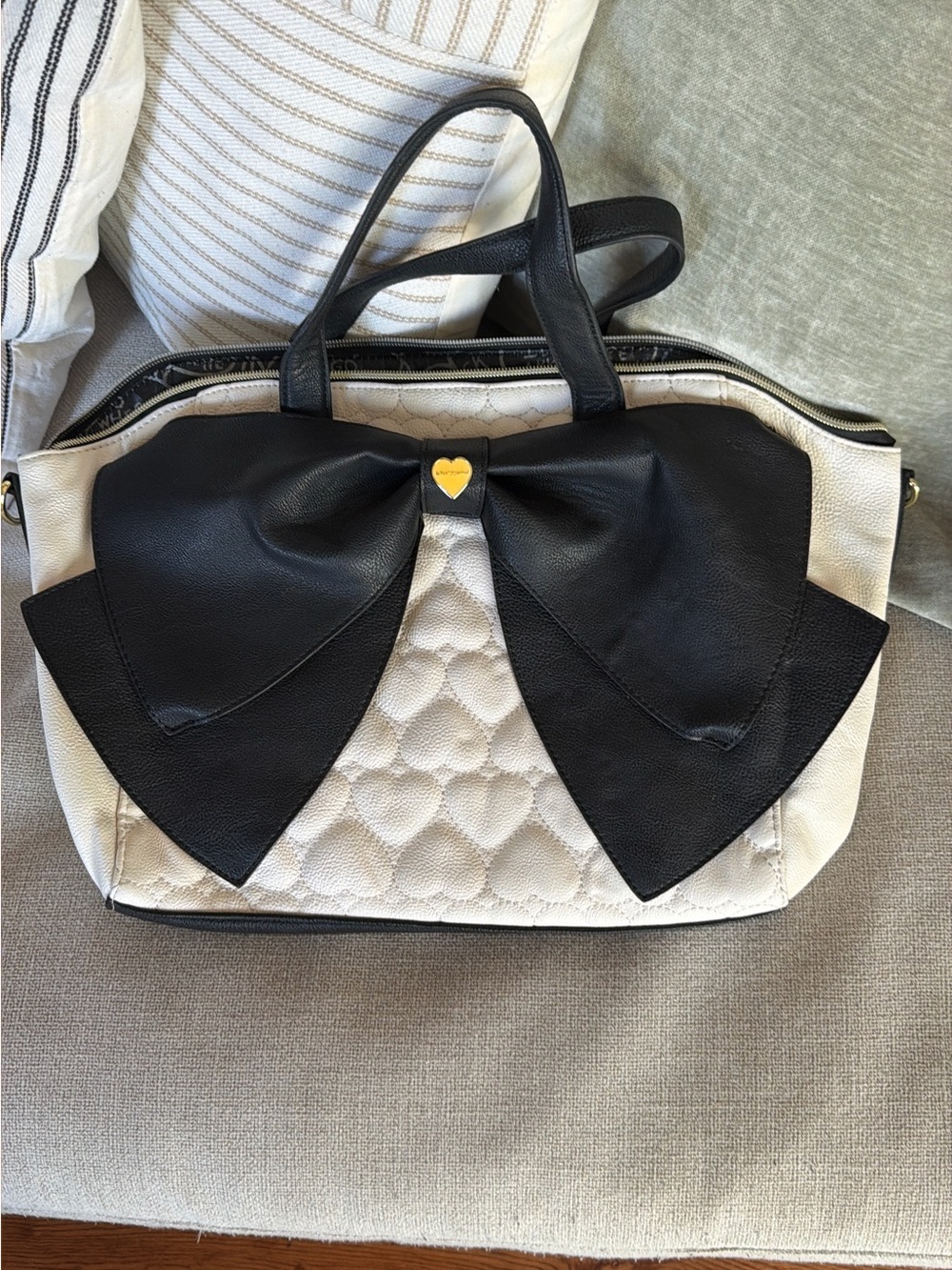 Betsey Johnson Cream & Black Quilted Tote with Oversized Bow